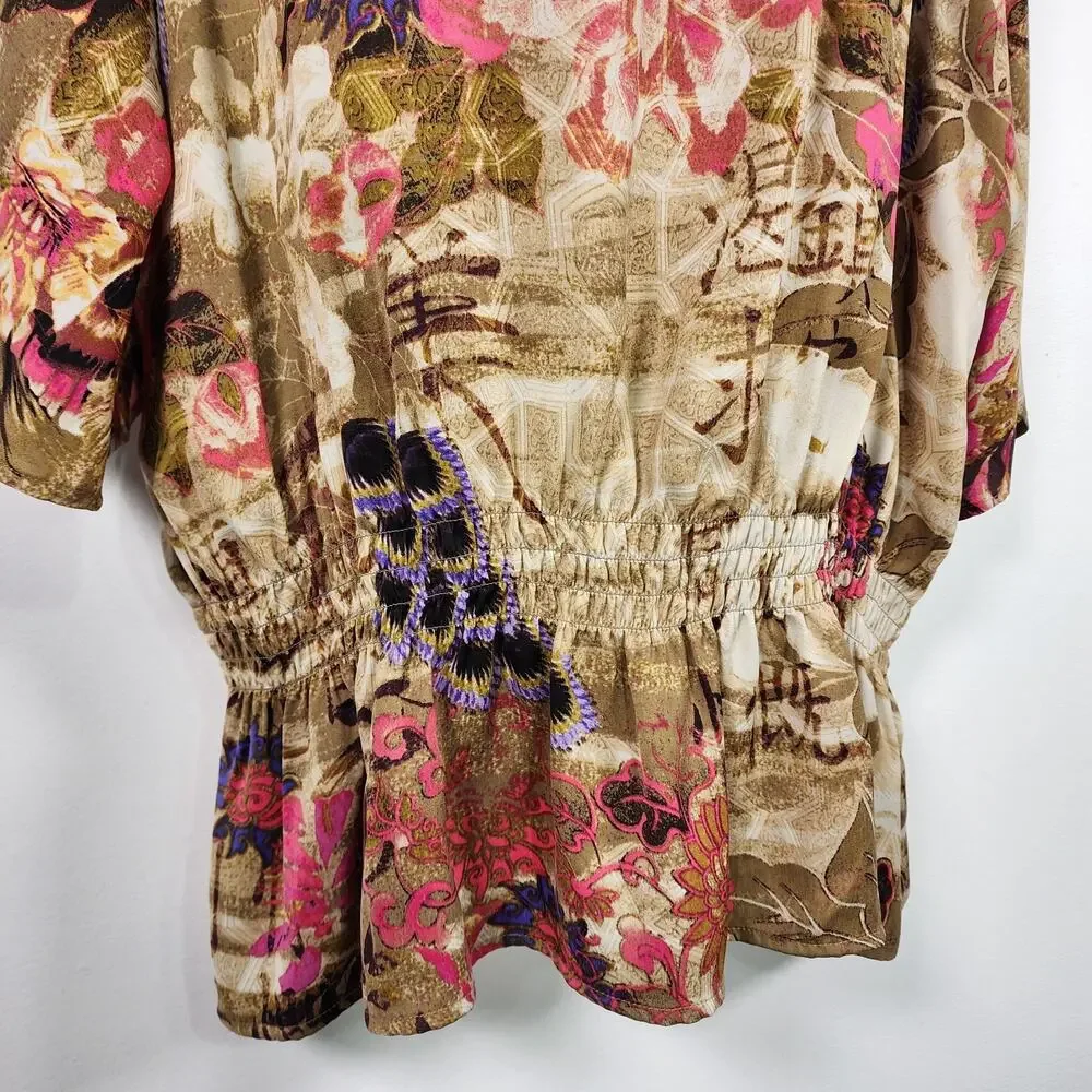 Chicos Peacock Floral Print Beaded Smocked Waist Blouse Size 3 US XL Artsy Boho